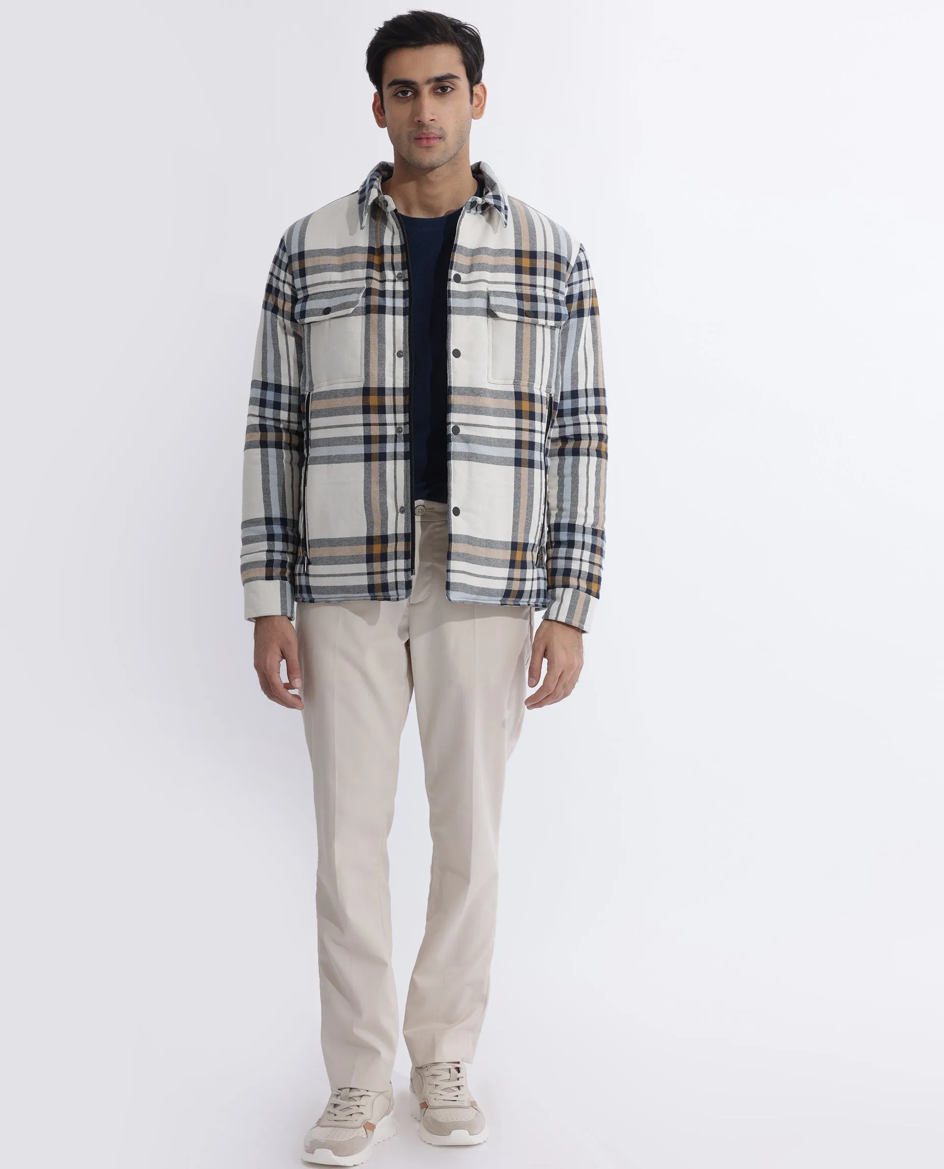 Rare Rabbit Men's Hollis Off-White Regular Collar Checks Shacket