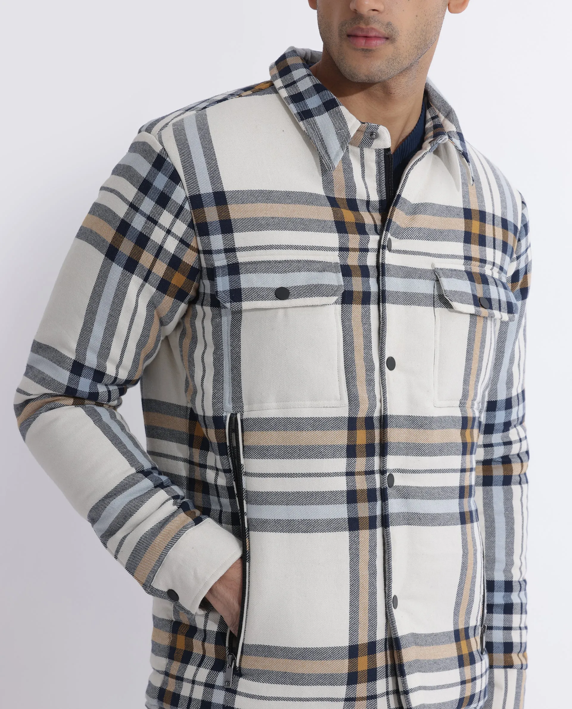 Rare Rabbit Men's Hollis Off-White Regular Collar Checks Shacket