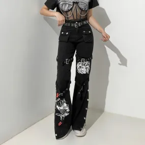 Retro Grunge Gothic Printed Cargo Pants Women Jeans Buckle Dark Academia Punk Style High Waist Jeans Denim Aesthetic