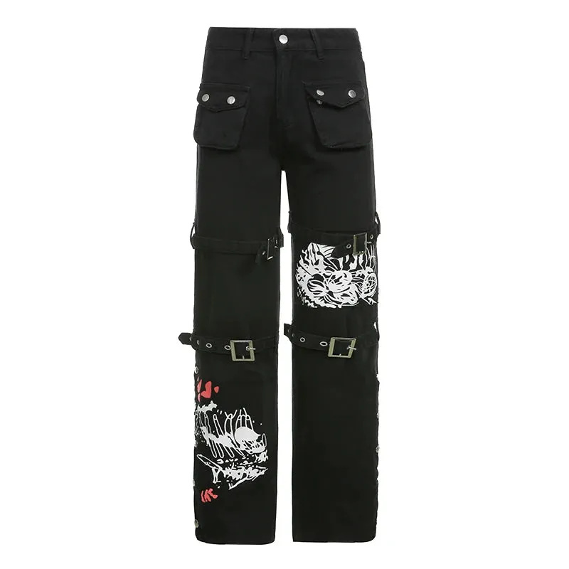 Retro Grunge Gothic Printed Cargo Pants Women Jeans Buckle Dark Academia Punk Style High Waist Jeans Denim Aesthetic