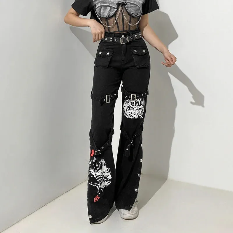 Retro Grunge Gothic Printed Cargo Pants Women Jeans Buckle Dark Academia Punk Style High Waist Jeans Denim Aesthetic