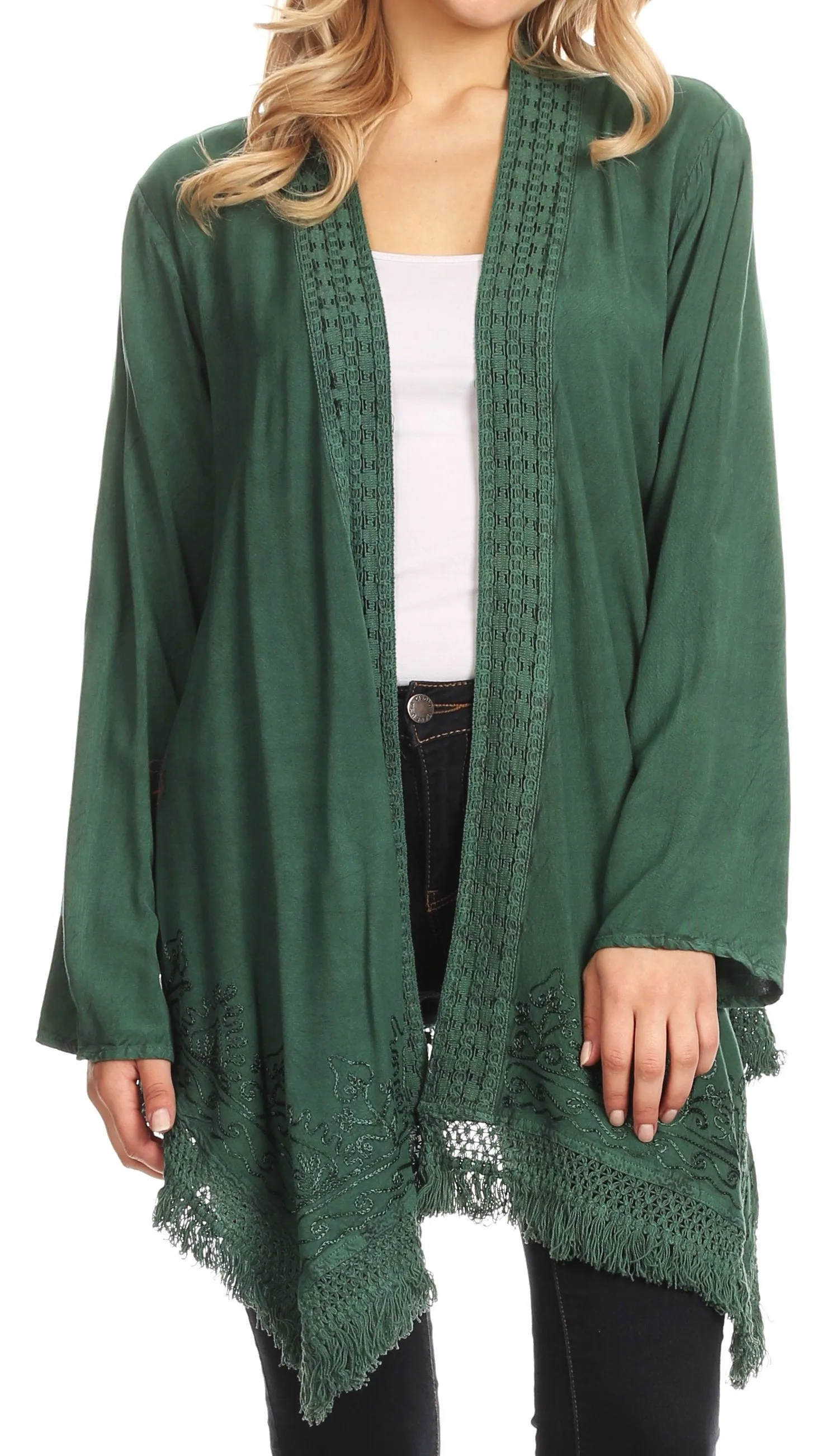 Sakkas Iris Womens Asymmetrical Cardigan Shrug Top with Embroidery and Fringe