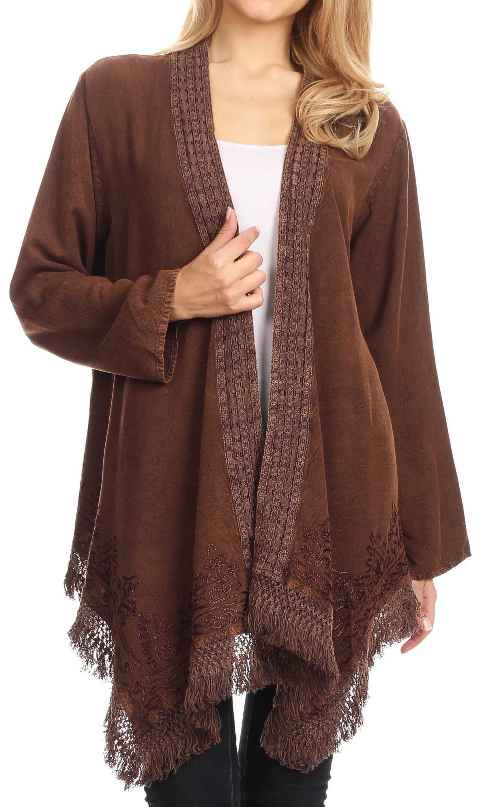 Sakkas Iris Womens Asymmetrical Cardigan Shrug Top with Embroidery and Fringe