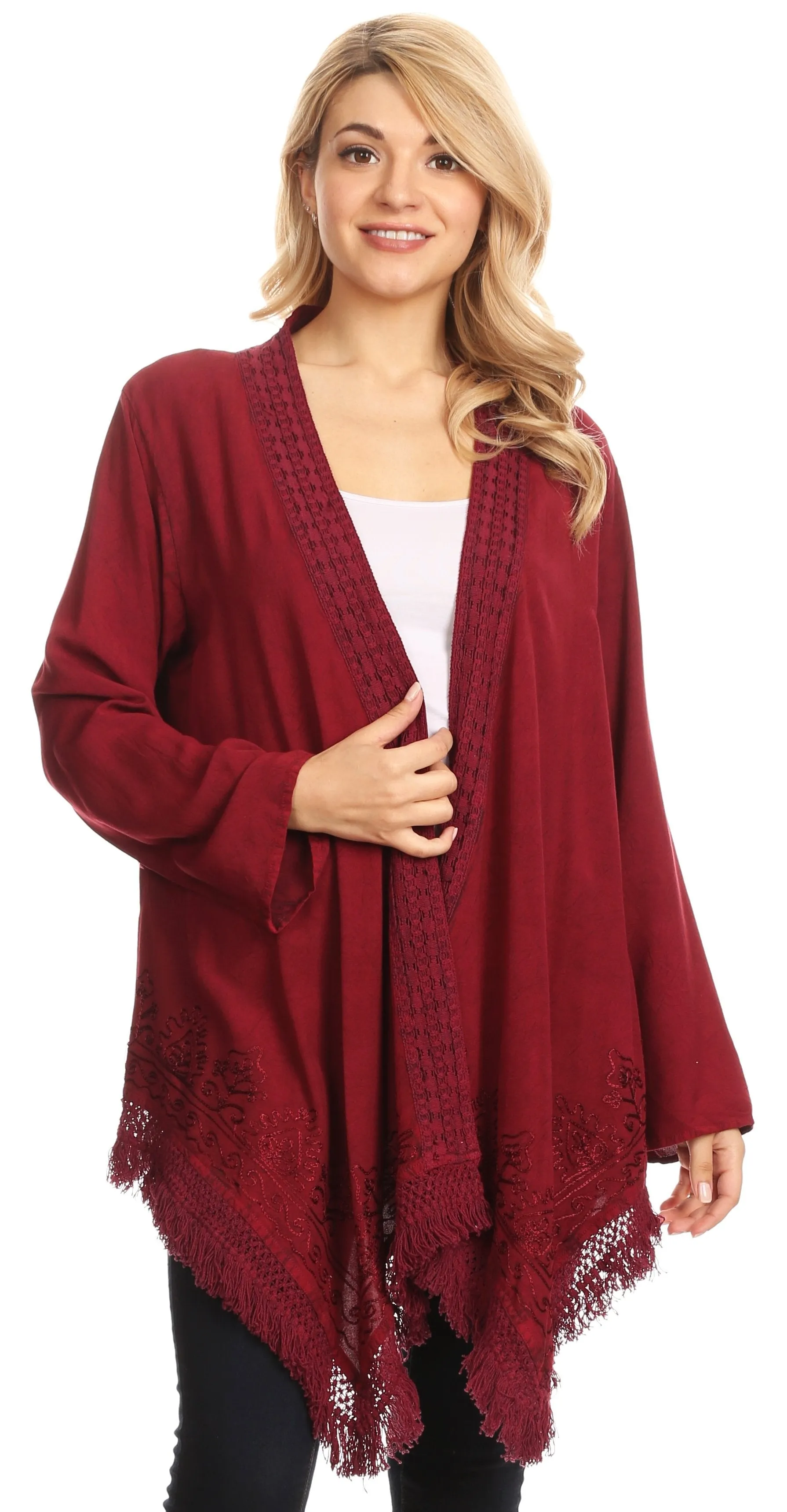 Sakkas Iris Womens Asymmetrical Cardigan Shrug Top with Embroidery and Fringe