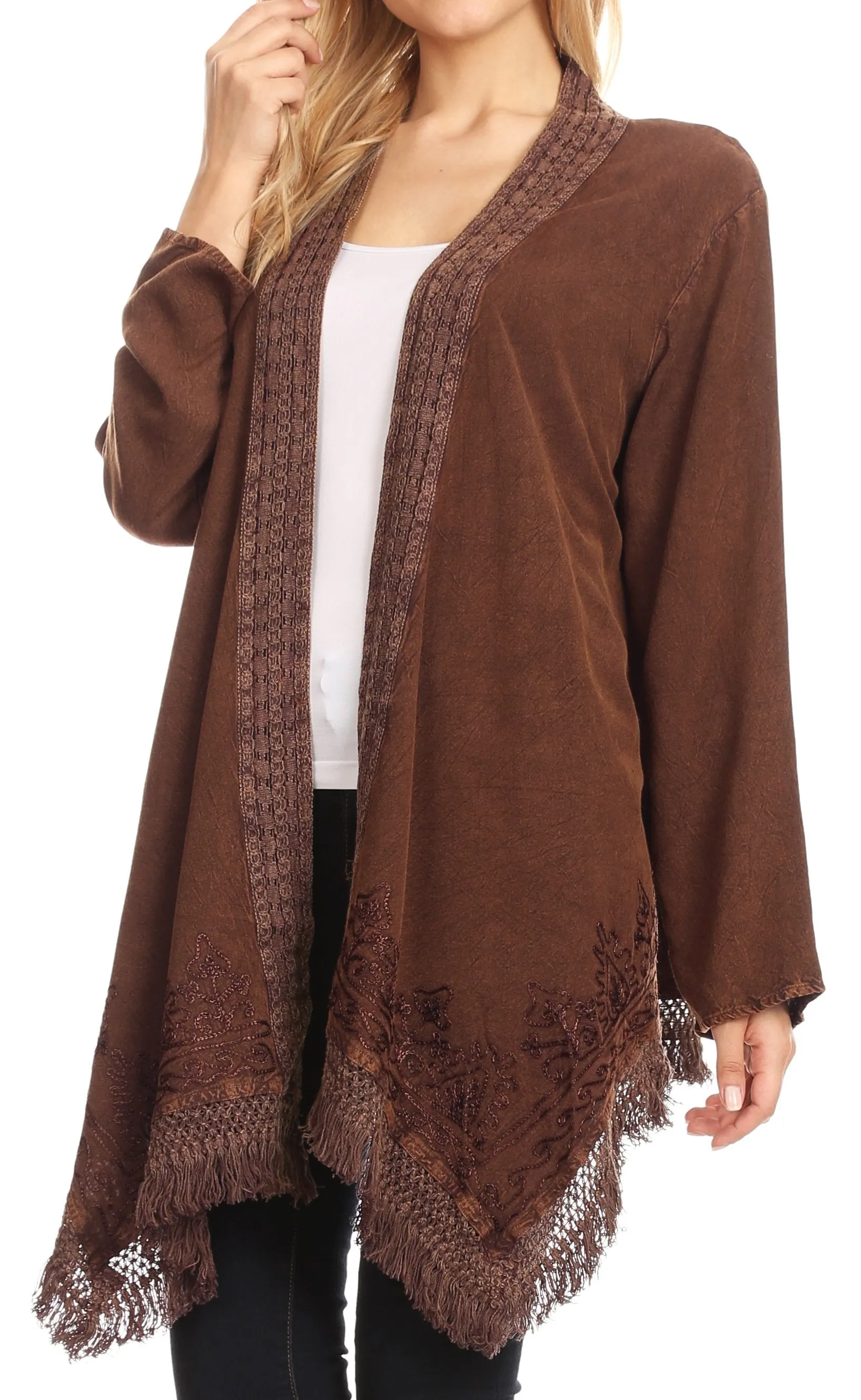 Sakkas Iris Womens Asymmetrical Cardigan Shrug Top with Embroidery and Fringe