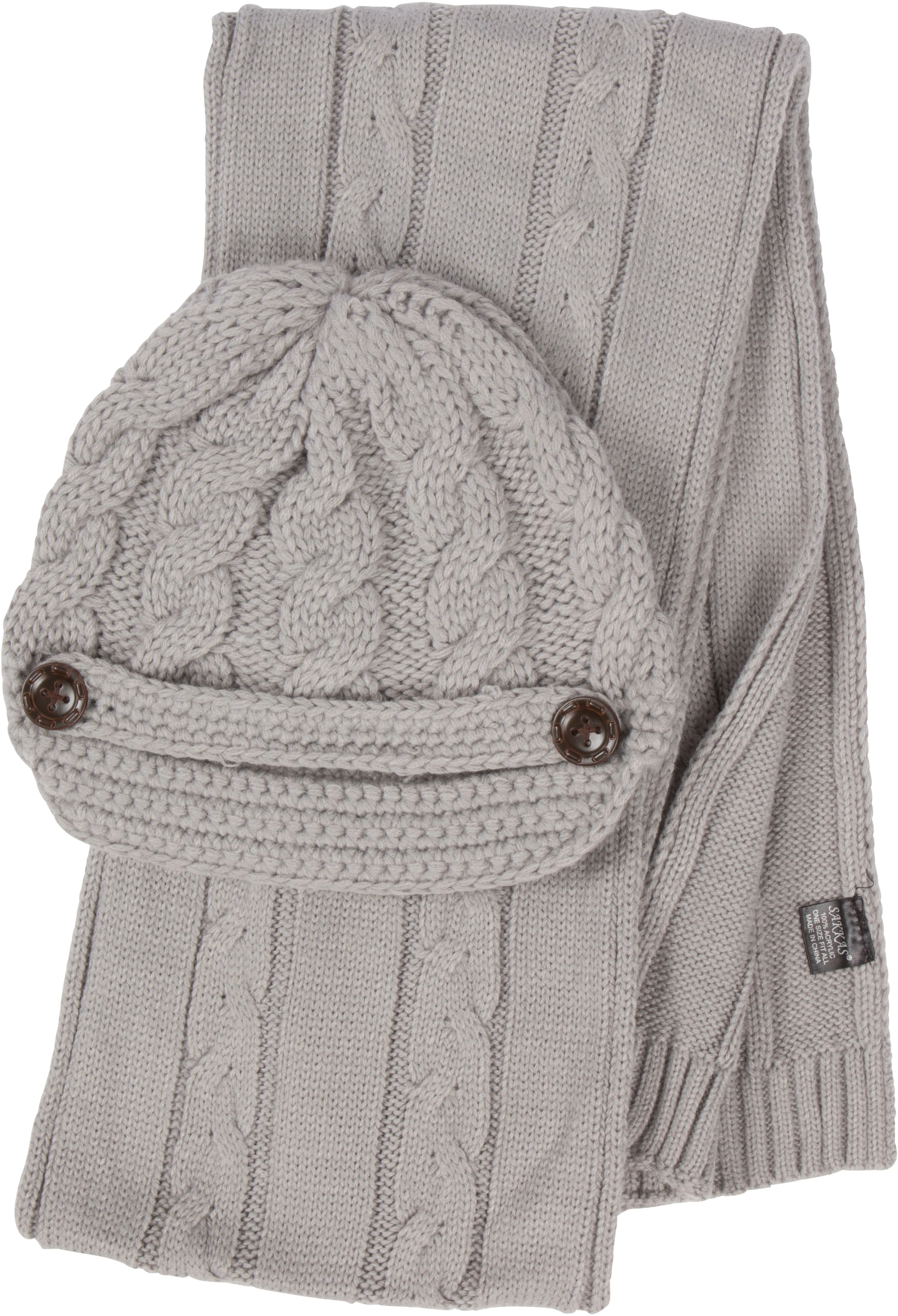 Sakkas Womens 2-piece Cable Knitted Visor Beanie Scarf and Hat Set with Button