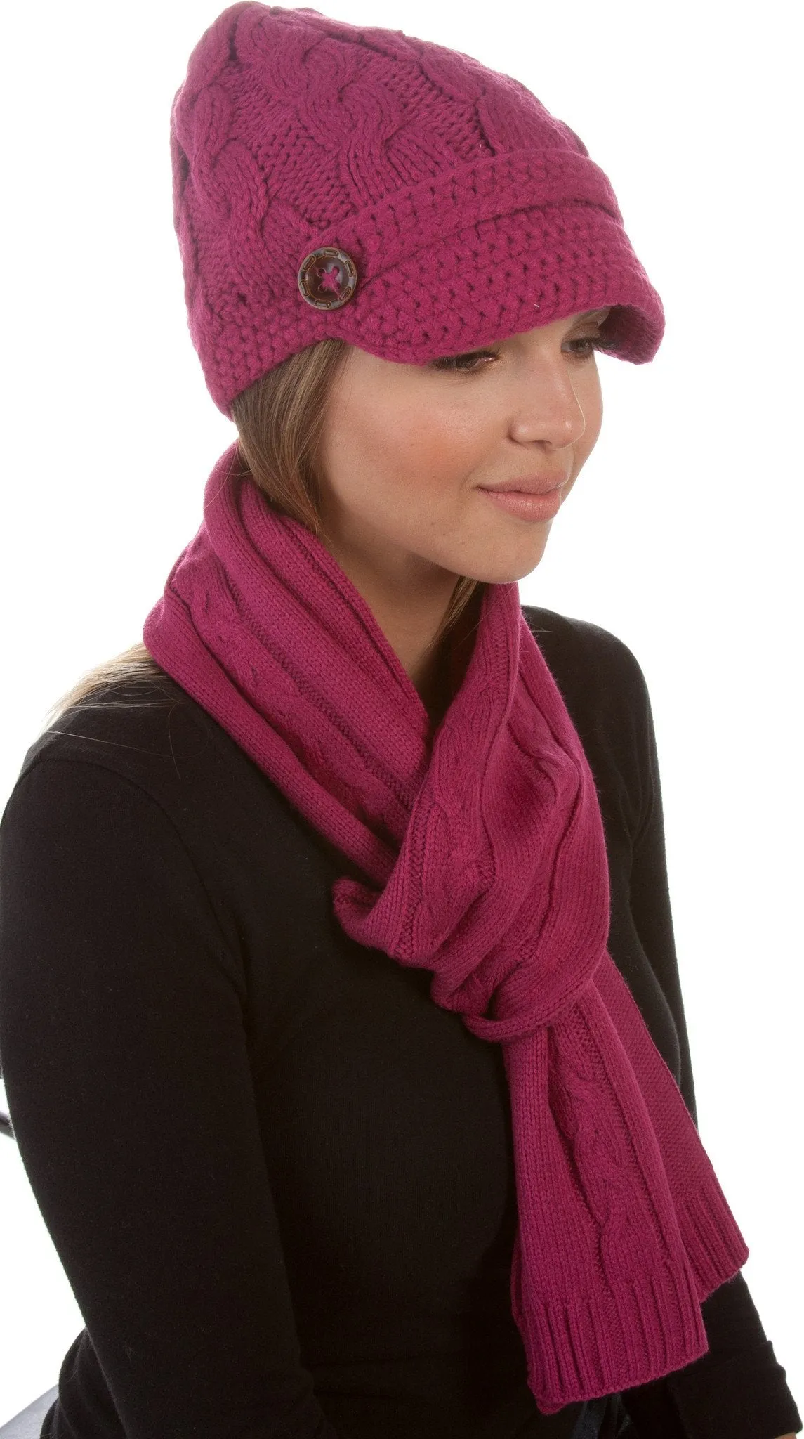 Sakkas Womens 2-piece Cable Knitted Visor Beanie Scarf and Hat Set with Button