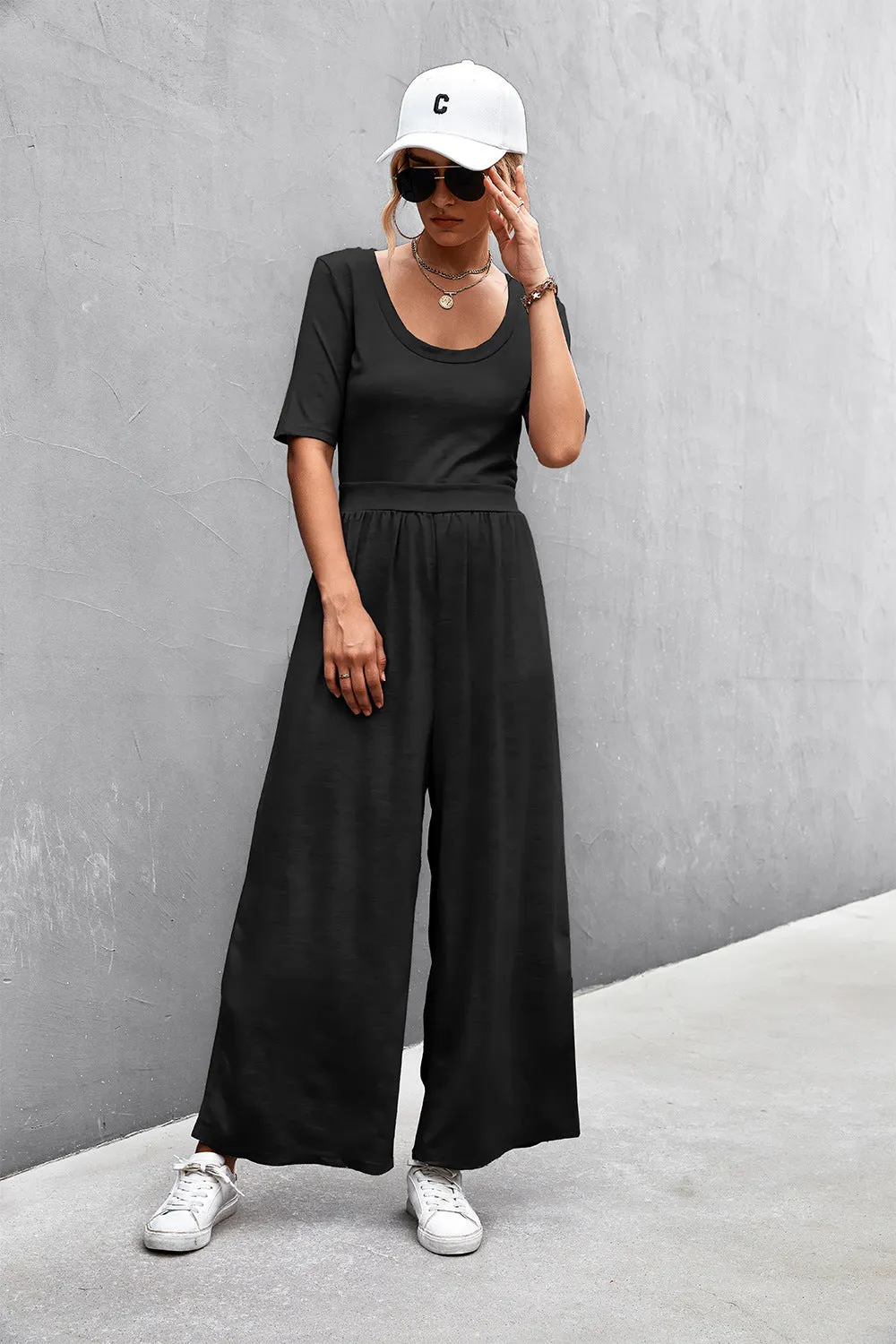 Scoop Neck Half Sleeve Wide Leg Jumpsuit