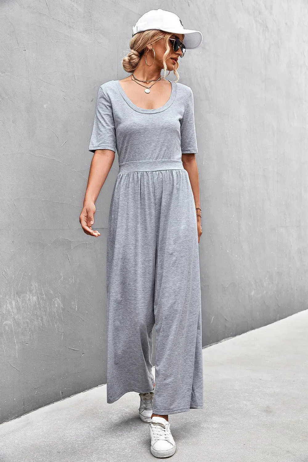 Scoop Neck Half Sleeve Wide Leg Jumpsuit