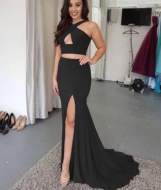 Sexy 2 Pieces Mermaid Black/Green Side Slit Prom Dresses, Mermaid Formal Dresses, Evening Dresses