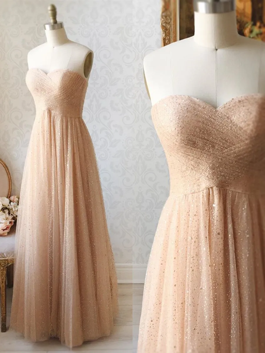 Shiny Sequins Strapless Champagne Long Prom, Champagne Formal, Sparkly Evening