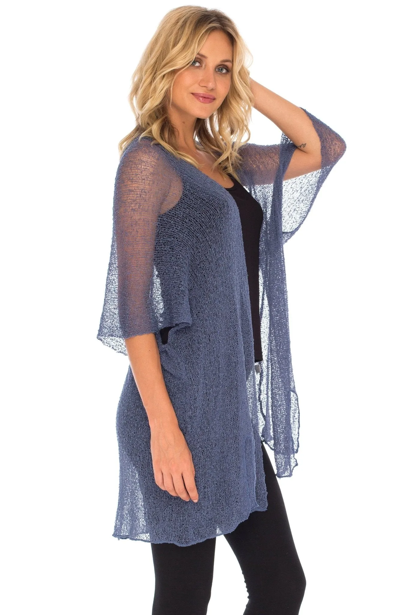 SHU-SHI Womens Long Sheer Kimono Cardigan Sweater Open Front Beach Top Cover Up