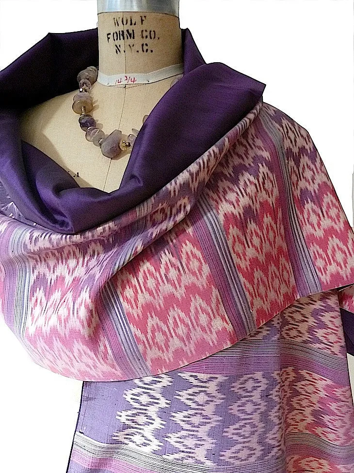 Silk Ikat Double Sided Shawl Cranberry Purple