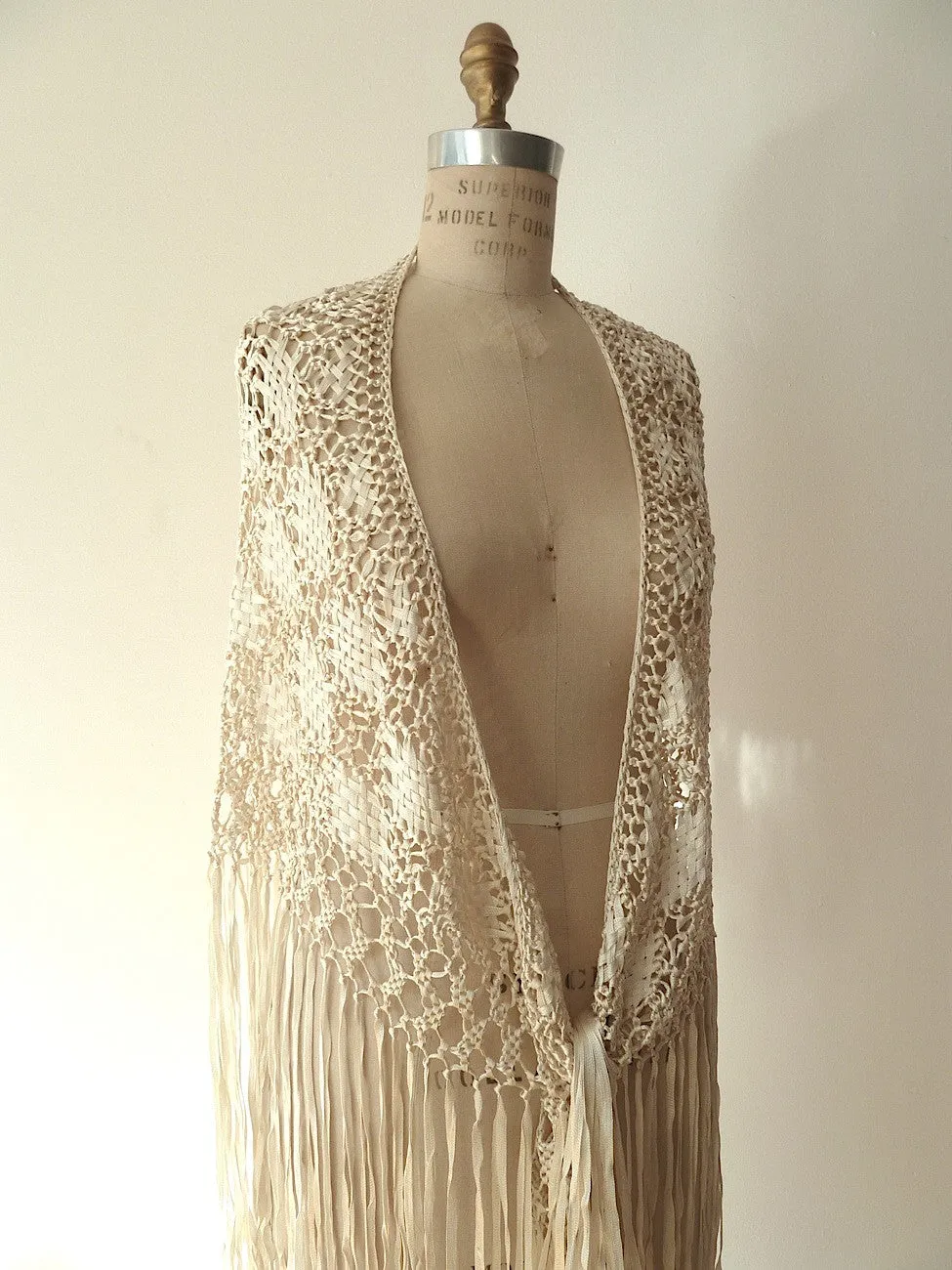 Silk Macrame Triangle Shawl Silver