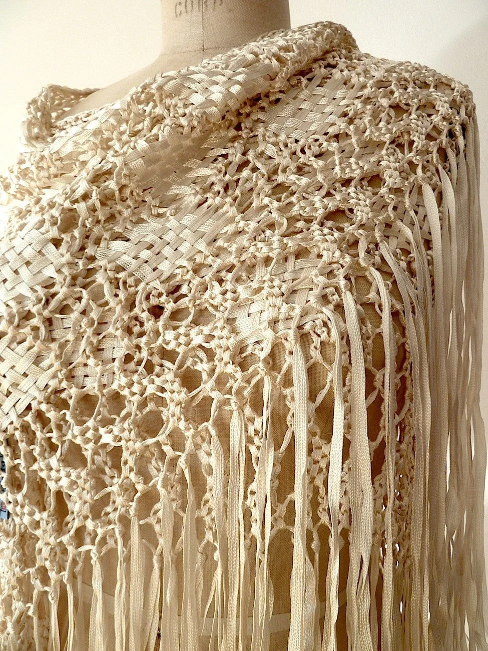 Silk Macrame Triangle Shawl Silver