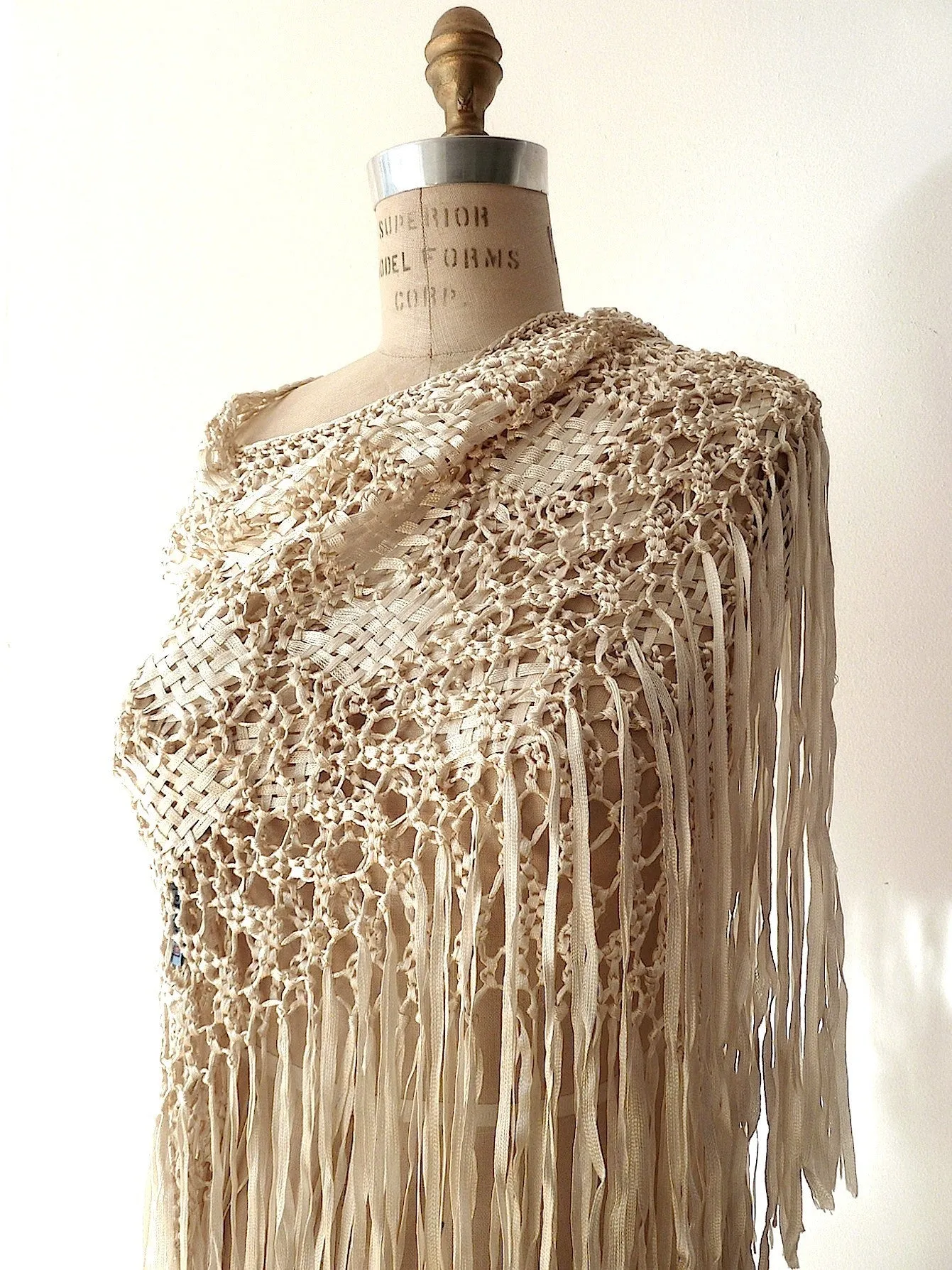 Silk Macrame Triangle Shawl Silver