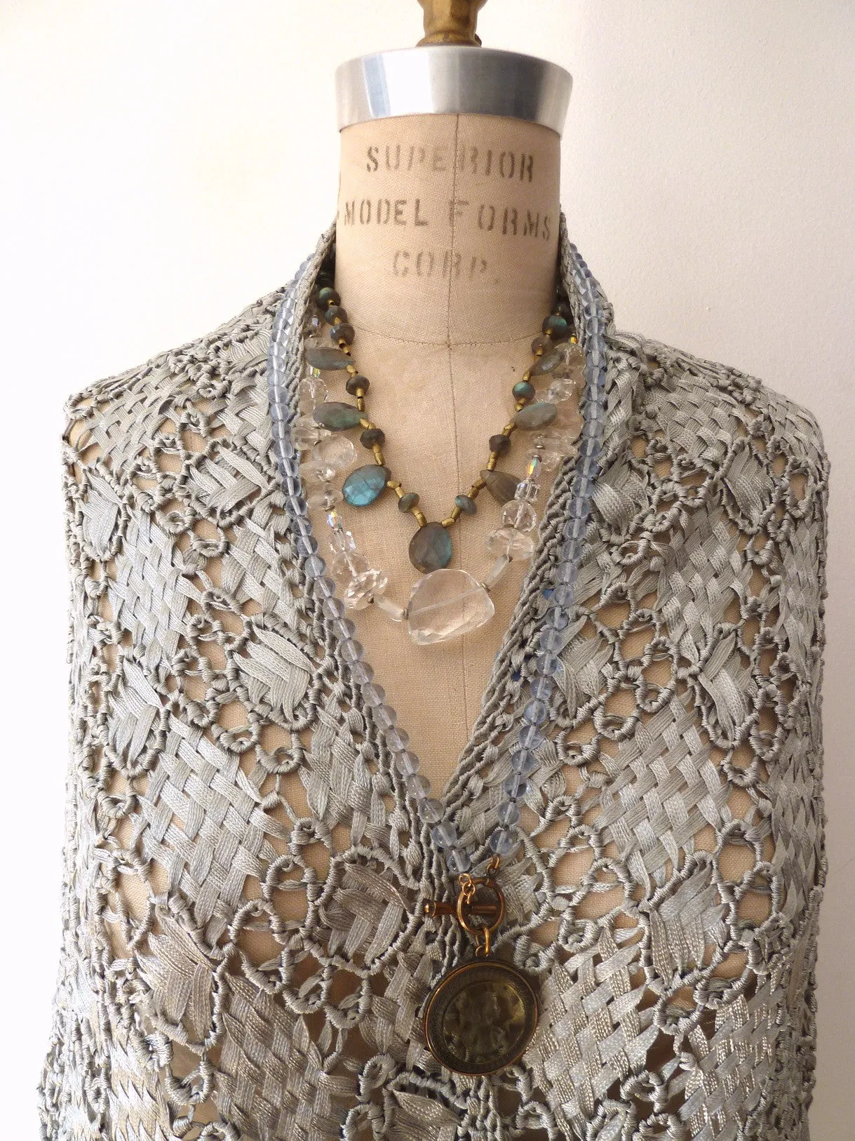 Silk Macrame Triangle Shawl Silver