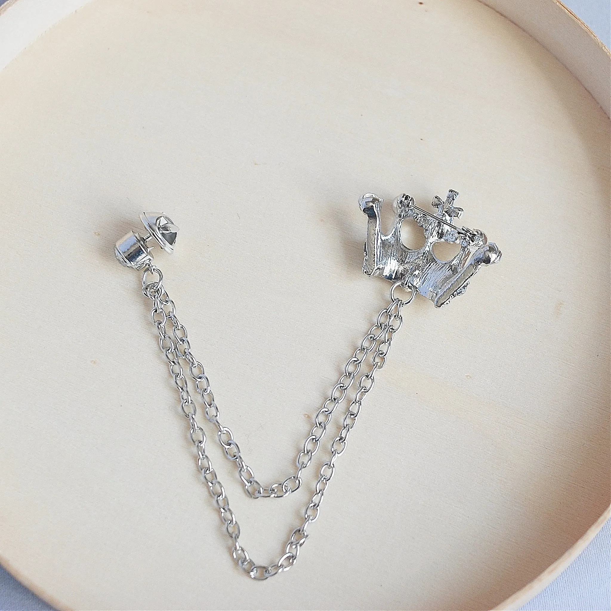 Silver Crown Brooch with Chain