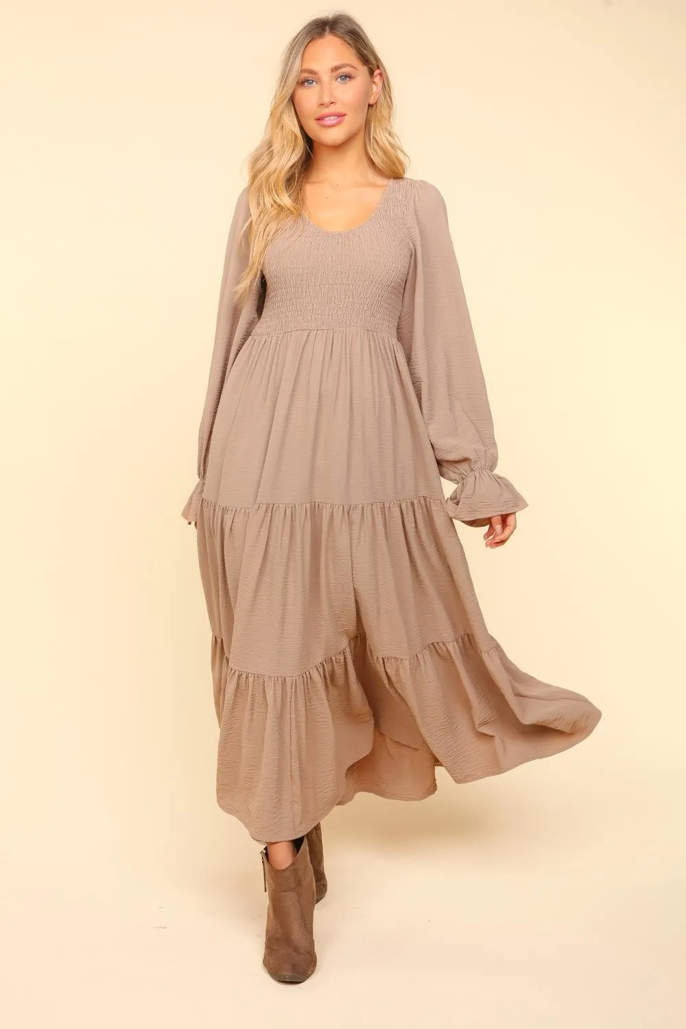 Smocking Woven Bubble Sleeve Maxi Dress - Taupe