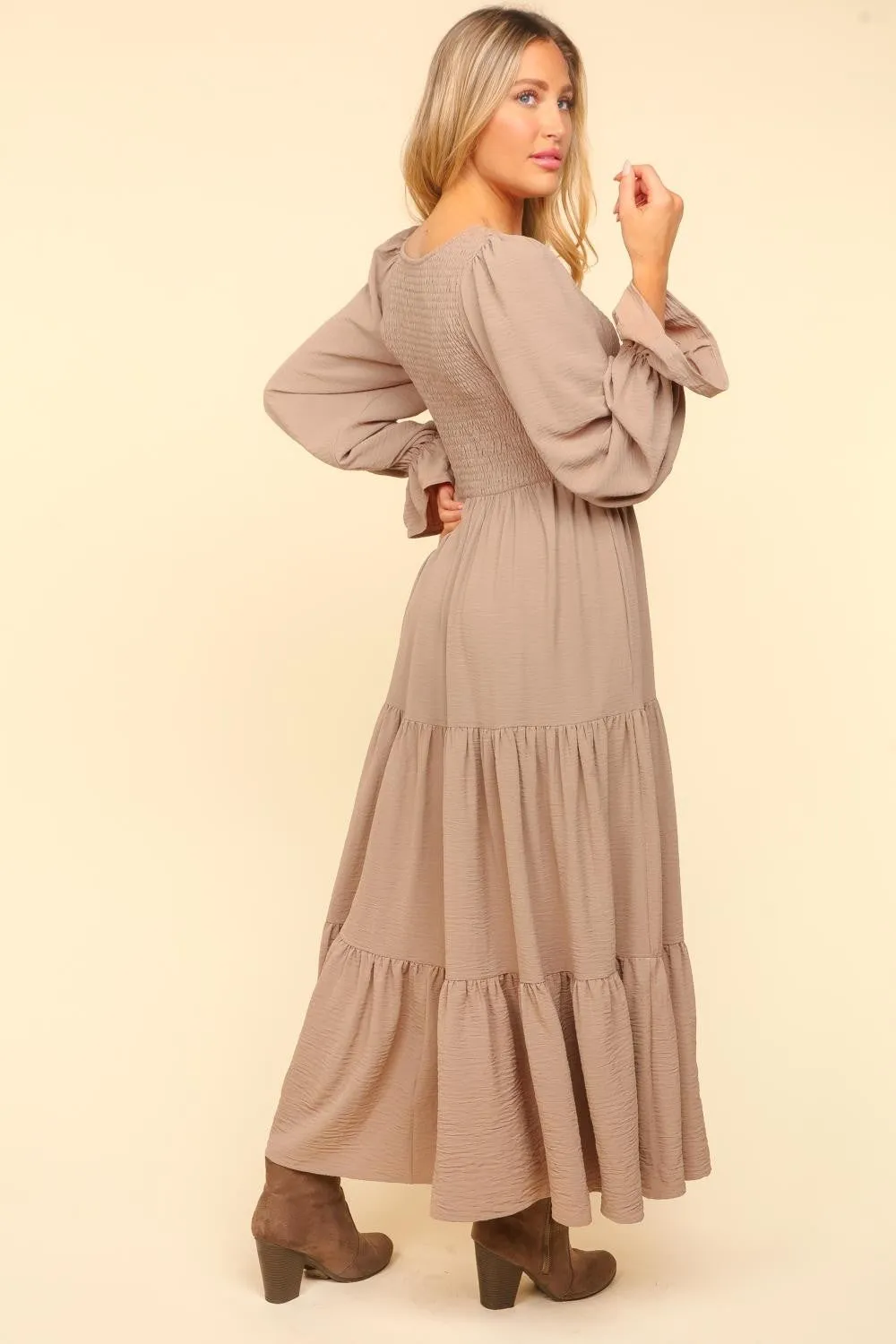 Smocking Woven Bubble Sleeve Maxi Dress - Taupe