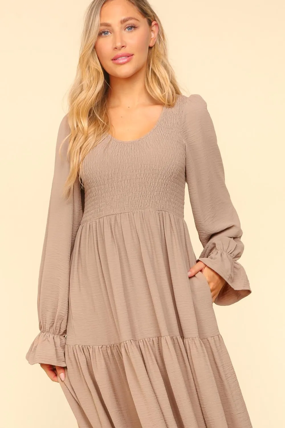 Smocking Woven Bubble Sleeve Maxi Dress - Taupe