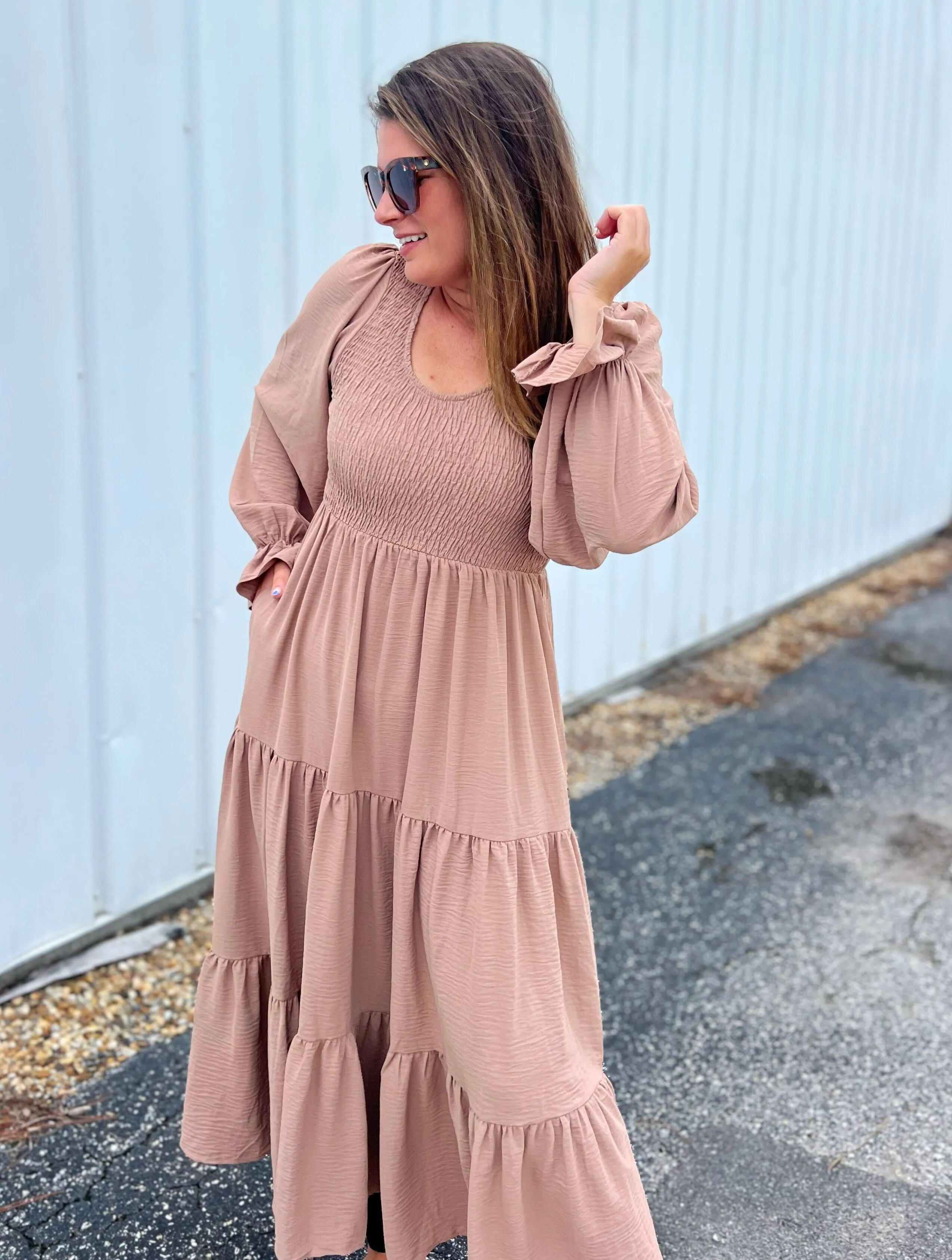 Smocking Woven Bubble Sleeve Maxi Dress - Taupe