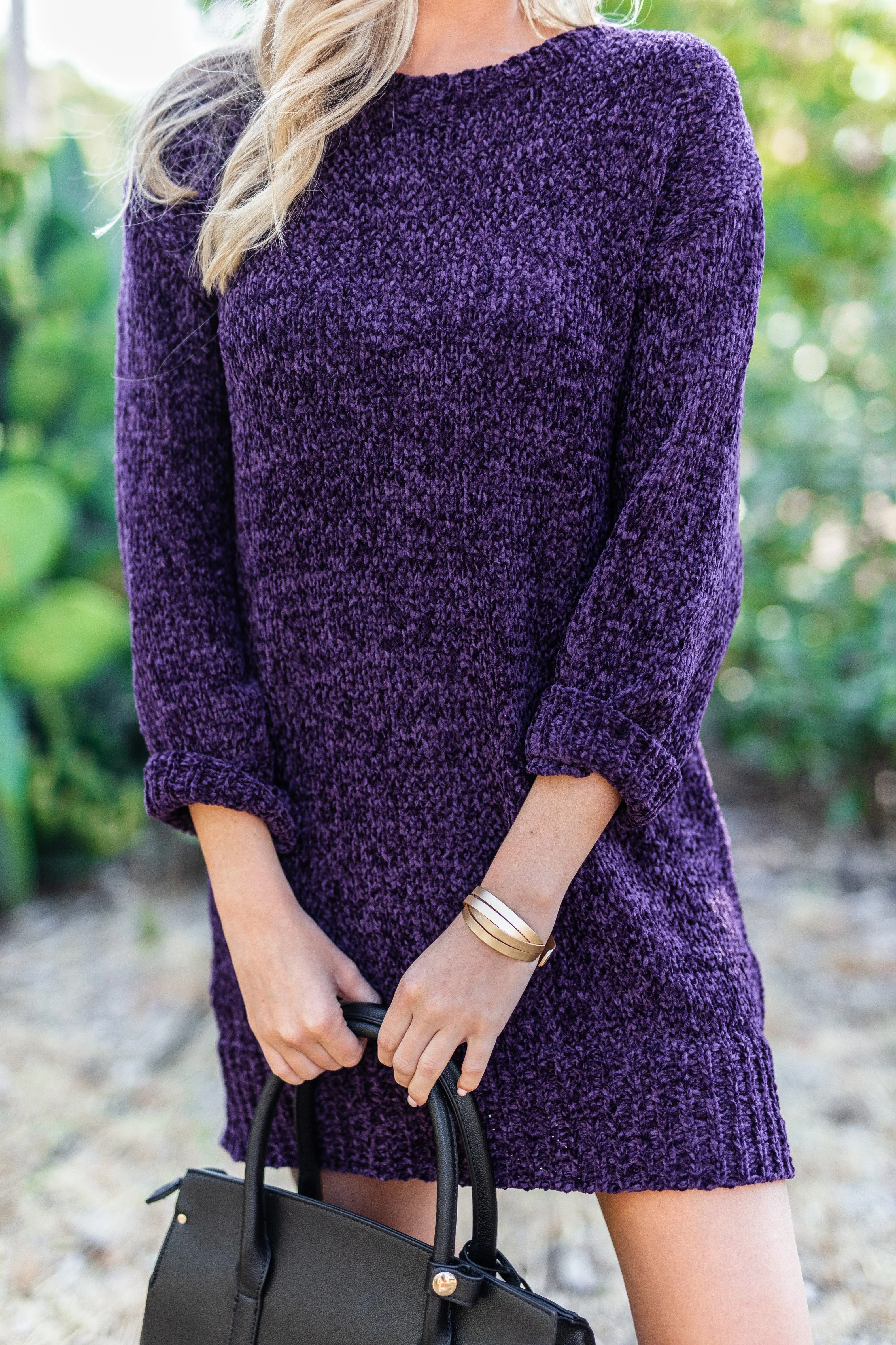 Soft Heart Plum Purple Chenille Sweater Dress