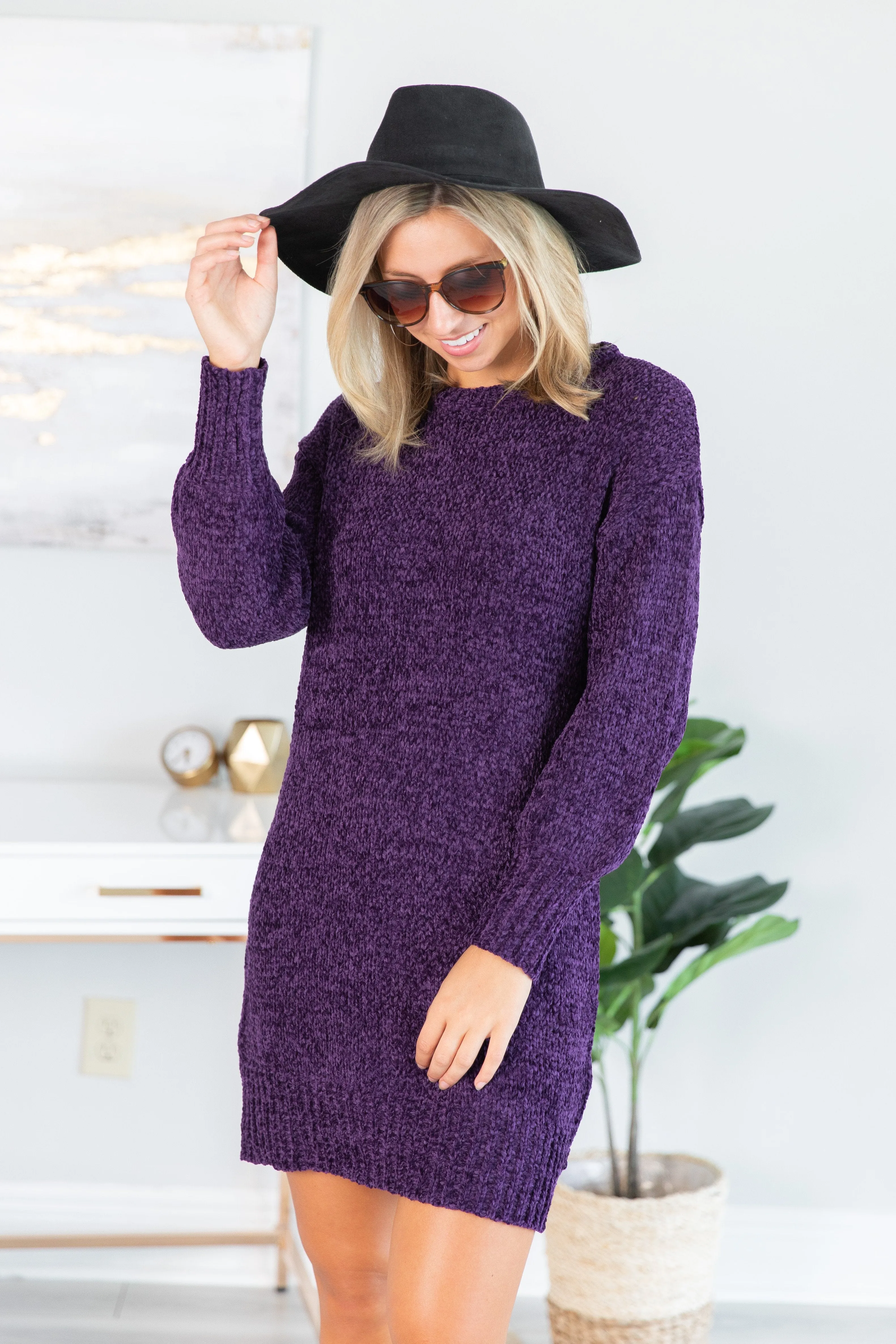 Soft Heart Plum Purple Chenille Sweater Dress