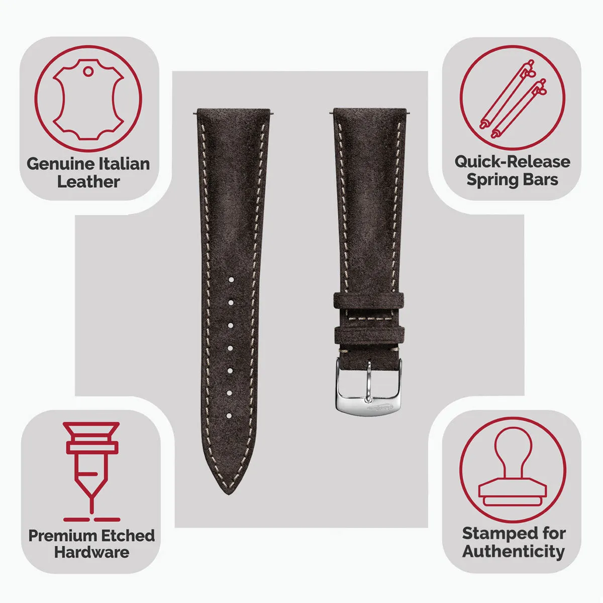 Stanton Conceria Opera Suede Padded Watch Strap - Dark Brown