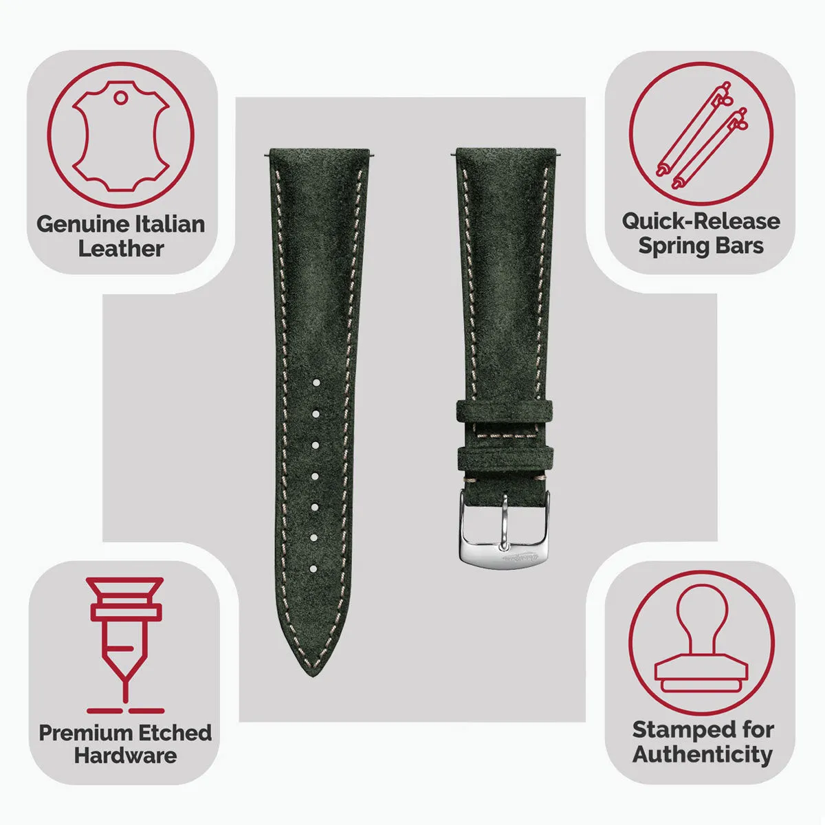 Stanton Conceria Opera Suede Padded Watch Strap - Forest Green