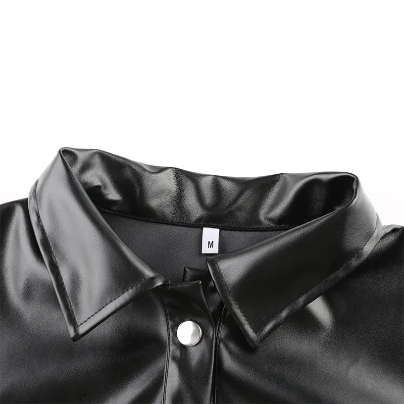 Streetwear Black PU Leather Blouse Women Cardigan Buttons Fashion Women's Shirt Top Long Sleeve Jacket