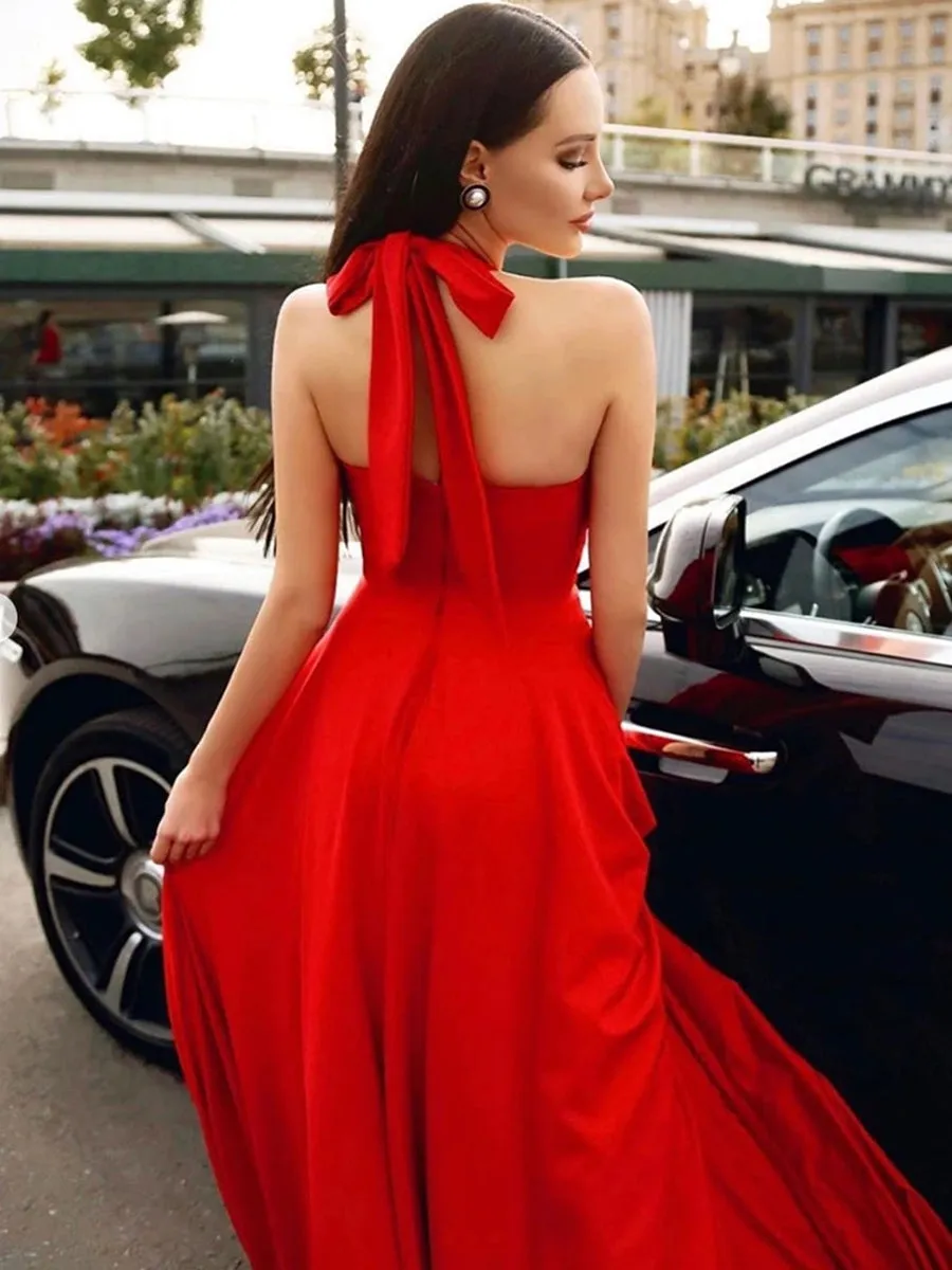 Stylish Halter Neck Red Long Prom, Elegant Halter Neck Red Formal, Red Evening