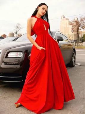 Stylish Halter Neck Red Long Prom, Elegant Halter Neck Red Formal, Red Evening