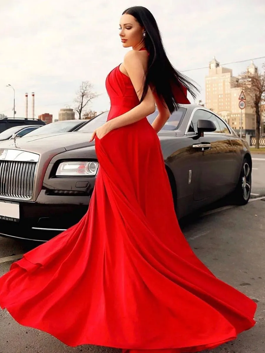 Stylish Halter Neck Red Long Prom, Elegant Halter Neck Red Formal, Red Evening