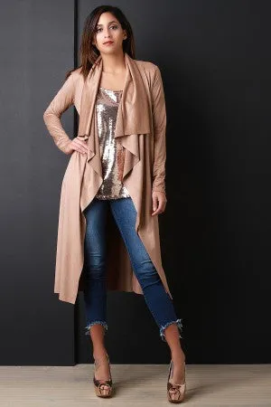 Suede Drape Open Front Longline Cardigan