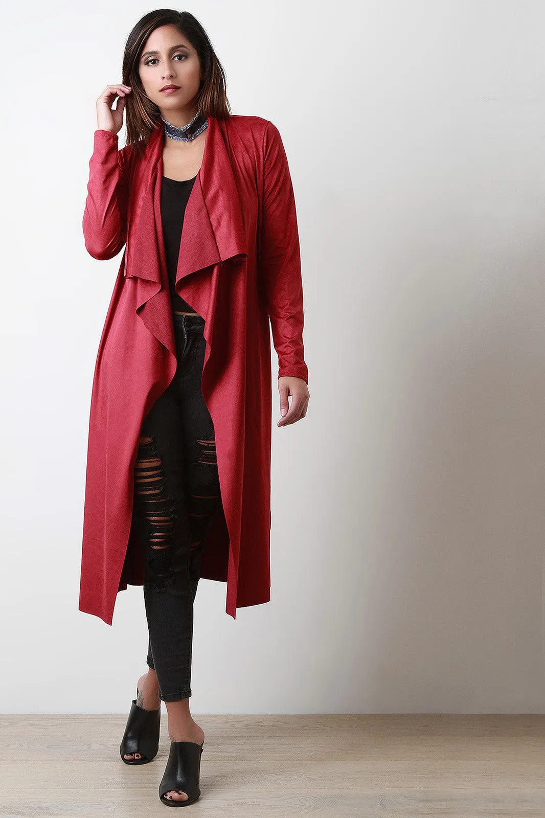 Suede Drape Open Front Longline Cardigan