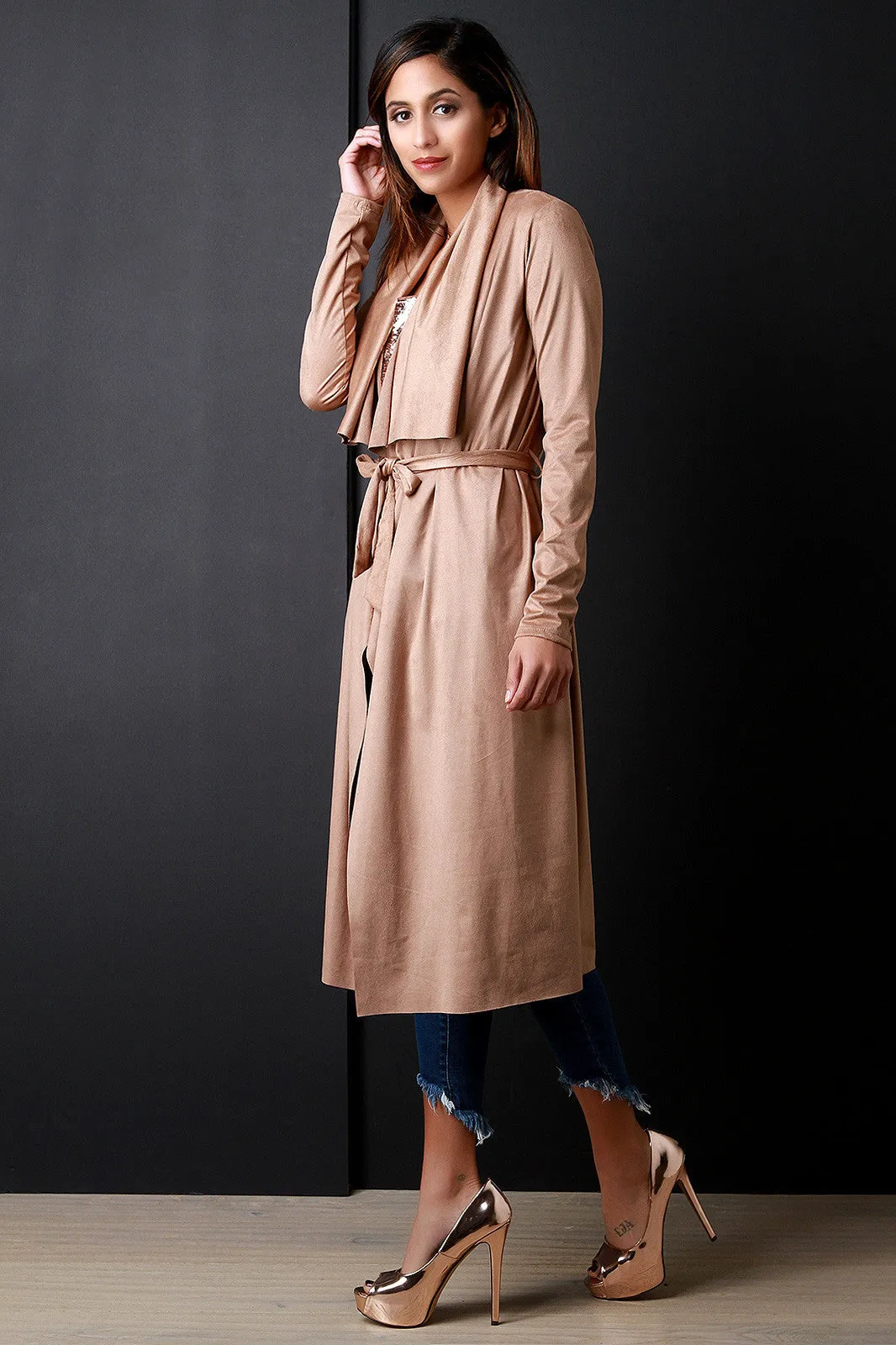 Suede Drape Open Front Longline Cardigan