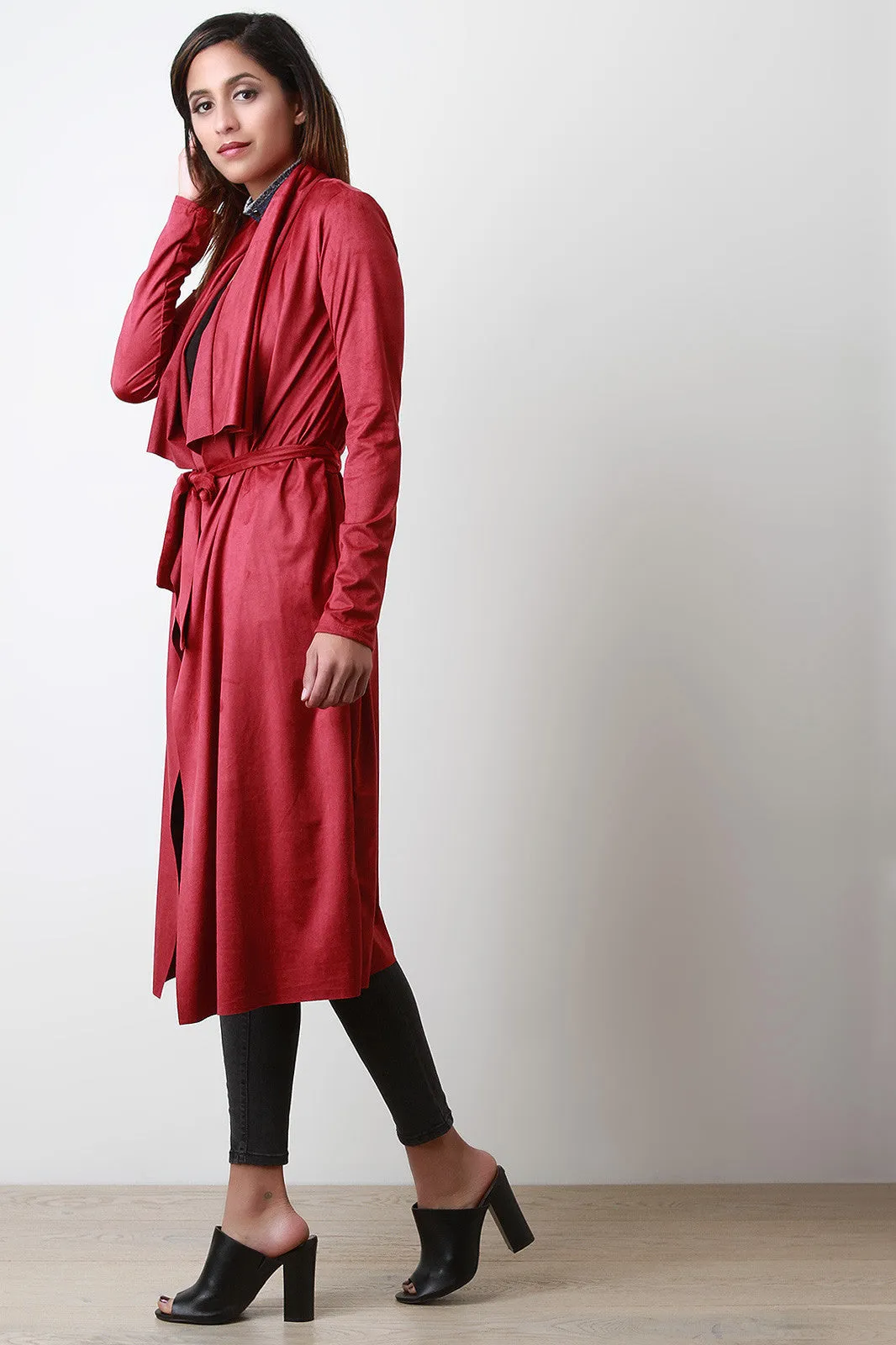 Suede Drape Open Front Longline Cardigan