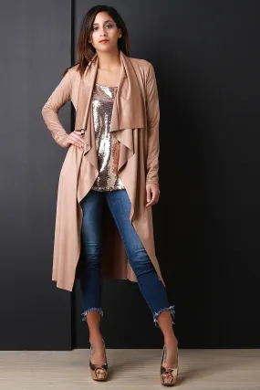 Suede Drape Open Front Longline Cardigan