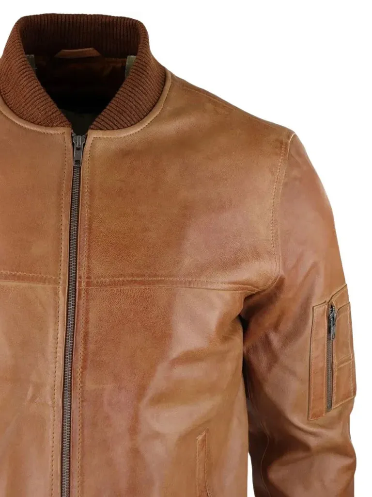 Tan Waxed Bomber Leather Jacket