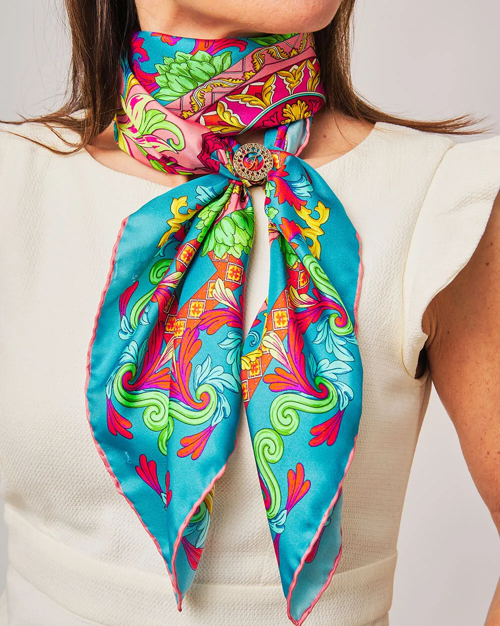 Taormina Art Green and Pink Silk Twill Scarf and Ring