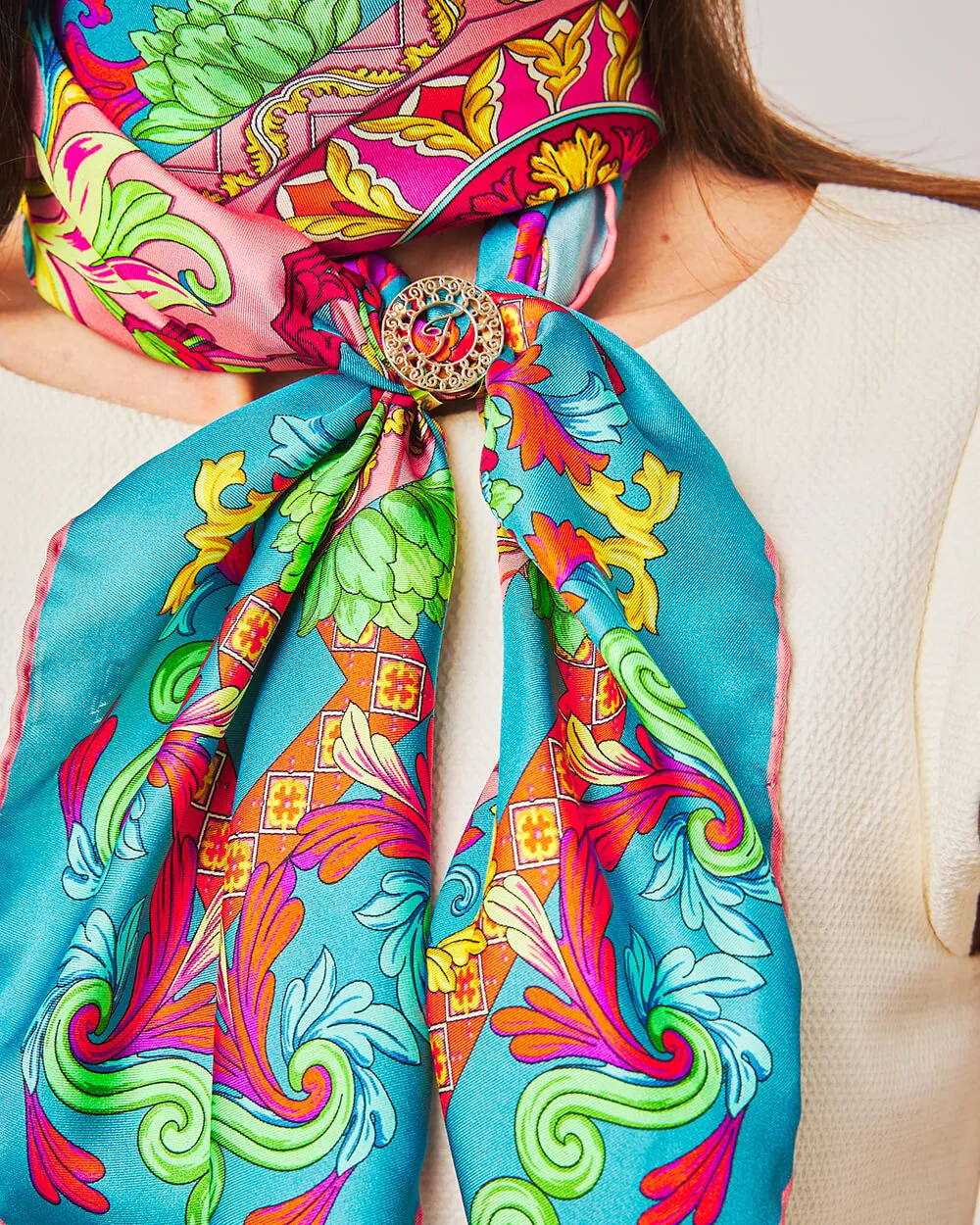 Taormina Art Green and Pink Silk Twill Scarf and Ring