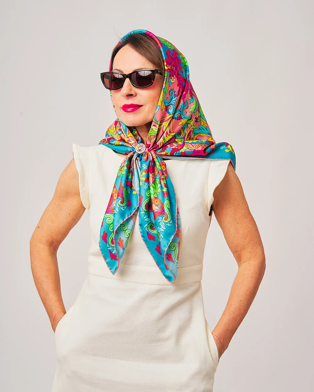 Taormina Art Green and Pink Silk Twill Scarf and Ring