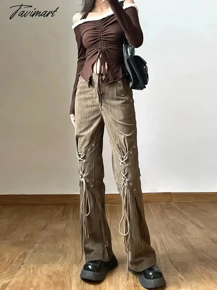 TAVIMART - Women American Vintage Baddie Style Lace Up Cargo Pants Grunge High Waist Straight Leg Trousers Harajuku Fashion Y2k Streetwear