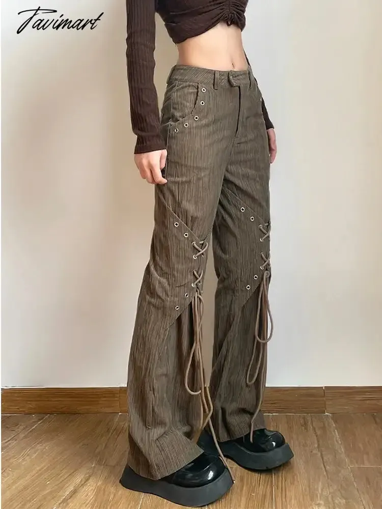 TAVIMART - Women American Vintage Baddie Style Lace Up Cargo Pants Grunge High Waist Straight Leg Trousers Harajuku Fashion Y2k Streetwear