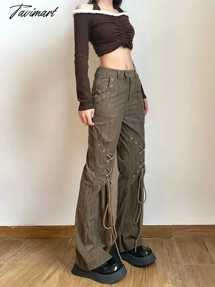 TAVIMART - Women American Vintage Baddie Style Lace Up Cargo Pants Grunge High Waist Straight Leg Trousers Harajuku Fashion Y2k Streetwear