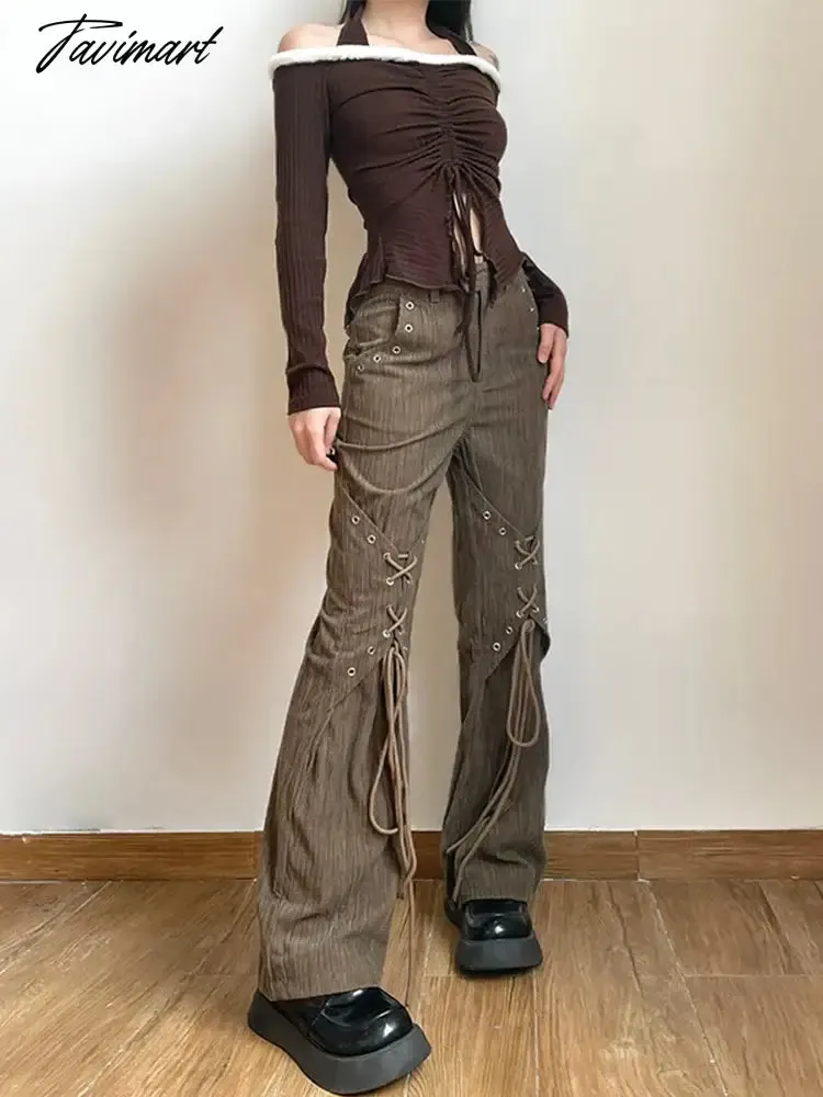 TAVIMART - Women American Vintage Baddie Style Lace Up Cargo Pants Grunge High Waist Straight Leg Trousers Harajuku Fashion Y2k Streetwear