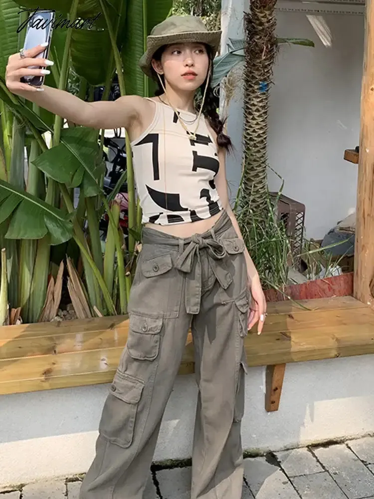 TAVIMART  Y2K Gothic Cargo Pants Brown Fairy Grunge Baggy Jeans Women Gyaru Low Rise Pants Rave Outfits Pockets Jeans for Female