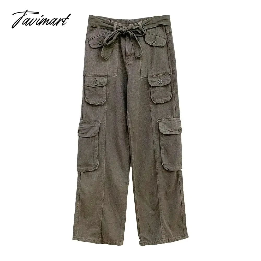 TAVIMART  Y2K Gothic Cargo Pants Brown Fairy Grunge Baggy Jeans Women Gyaru Low Rise Pants Rave Outfits Pockets Jeans for Female