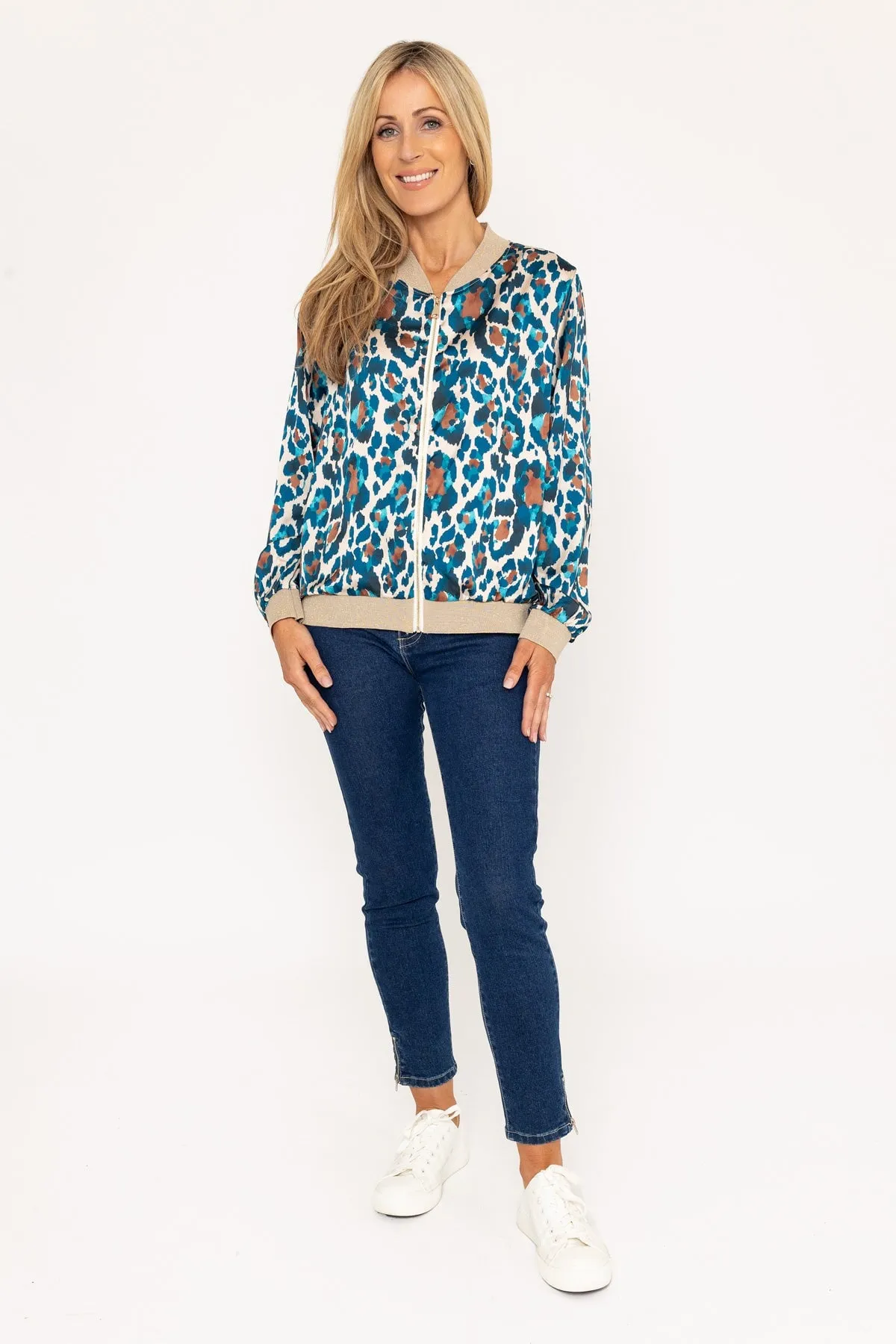 Teal Leopard Print Bomber Jacket